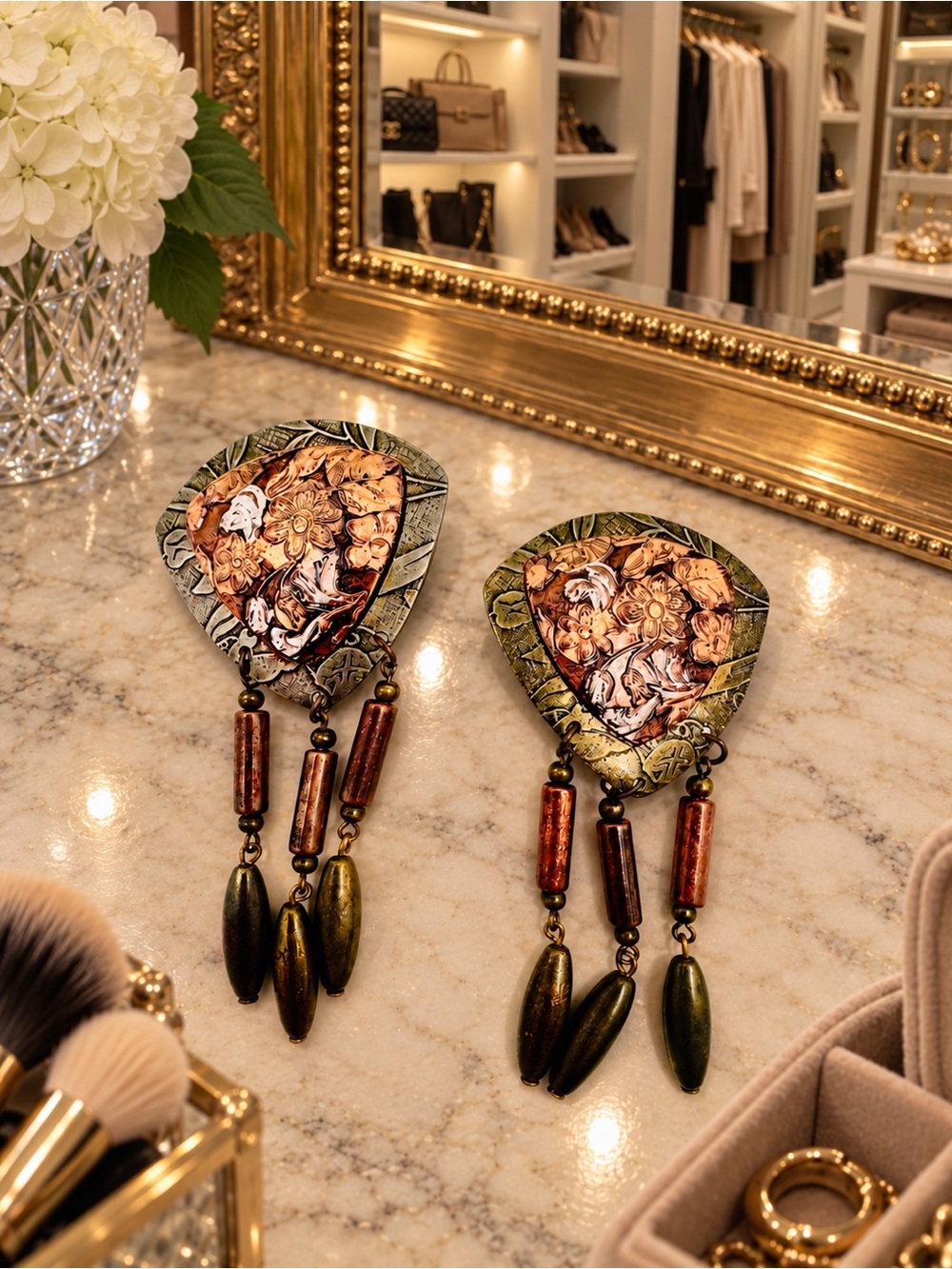 Vintage Ornate Tooled Floral & Beaded Statement Earrings